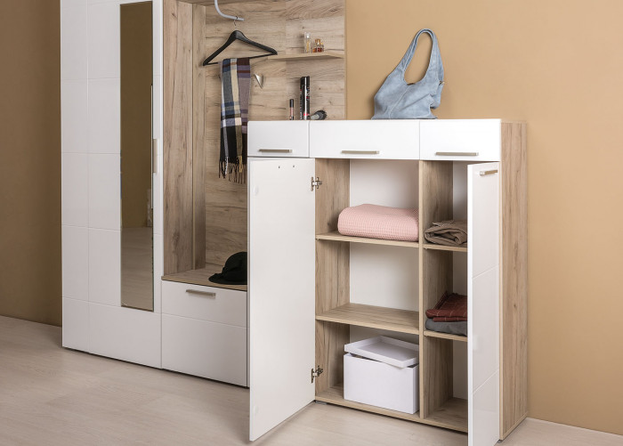 Лайн 13.121 Комод, цвет дуб крафт серый/фасады МДФ белый глянец, ШхГхВ 90х35х129,2 см., универсальная сборка