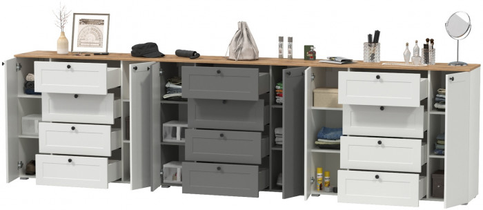 Остин 16.221 Комод + 16.221 Комод + 16.221 Комод, цвет белый шагрень/серый графит/дуб крафт золотой, ШхГхВ 360х41,9х99,3 см., универсальная сборка