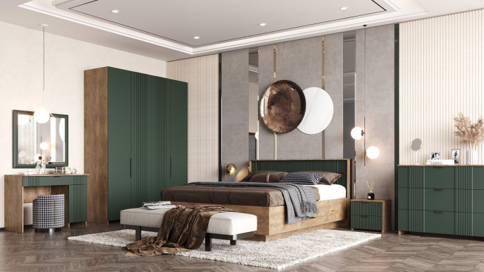 Модульная спальня "Герта" - Дуб канзас/Зеленый матовый