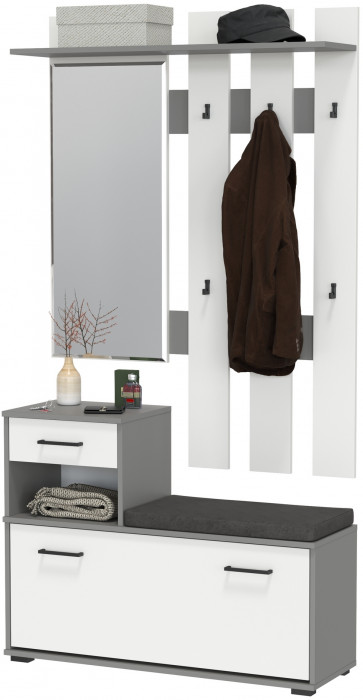 Лира ГК Прихожая 1 2-0714+2-3814 Тумба под обувь + Вешалка с зеркалом, цвет графит/белый, ШхГхВ 100х33х185 см., универсальная сборка