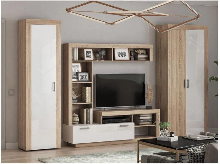 Модульная гостиная Ангара, композиция 3 (Сонома / Белый глянец)