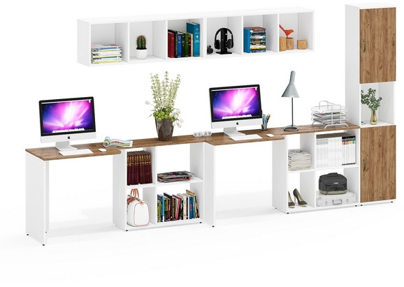 Лидер-8 Стол + Полка + Стол + Полка + Пенал, цвет белый шагрень/крафт золото, ШхГхВ 370х50/30х75/190 или 230х50/120х75/190 см., НЕ универс. сборка