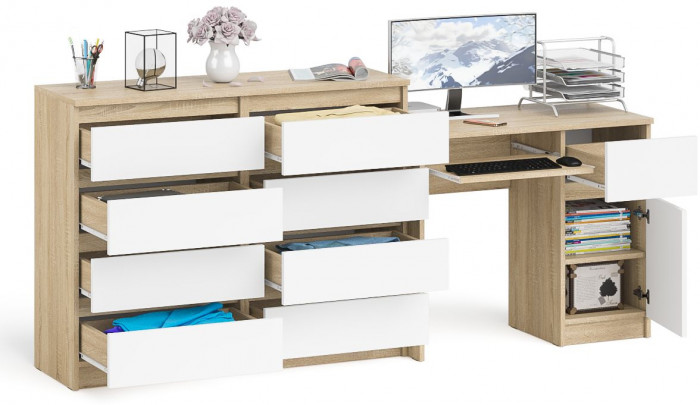 Мори Стол компьютерный МС-1 правый + Комод МК1200.8, цвет дуб сонома/белый, ШхГхВ 210,4х50х94 см., выдвижной ящик справа, НЕ универсальная сборка