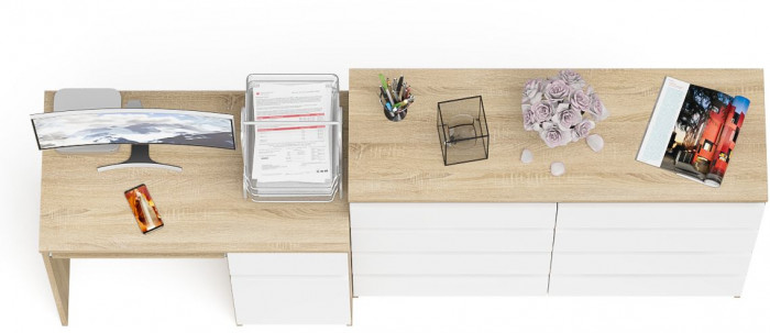 Мори Стол компьютерный МС-1 правый + Комод МК1200.8, цвет дуб сонома/белый, ШхГхВ 210,4х50х94 см., выдвижной ящик справа, НЕ универсальная сборка