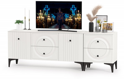 Валенсия Гостиная 16.45 Тумба под ТВ + 13.291 Тумба, цвет ЛДСП белый шагрень/МДФ белый шагрень, ШхГхВ 182,3х38,4х63,7 см.