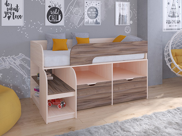 Кровать чердак Астра 9 V6 Дуб молочный/Орех