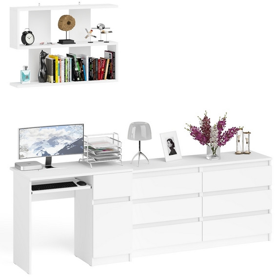 Мори Стол компьютерный МС-1 правый + Комод МК1380.6 + Полка 900, цвет белый, ШхГхВ 228х50х209,6 см., НЕ универсальная сборка