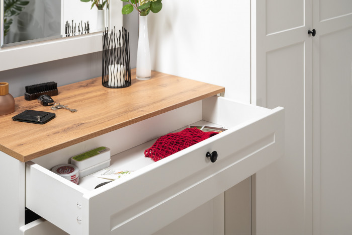 Остин 16.121 Тумба для обуви + 17.03 Зеркало, цвет белый шагрень/дуб крафт золотой, ШхГхВ 80х41,6х229 см.