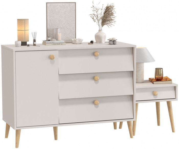 Афина Спальня Комод с дверкой и тремя ящиками + Тумба прикроватная, цвет кашемир серый, ШхГхВ 110х45,3х83 + 45х37х45 см., универсальная сборка