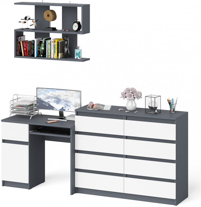 Мори Стол компьютерный МС-1 левый + Комод МК1200.8 + Полка 900, цвет графит/белый, ШхГхВ 210,4х50х209,6 см., НЕ универсальная сборка