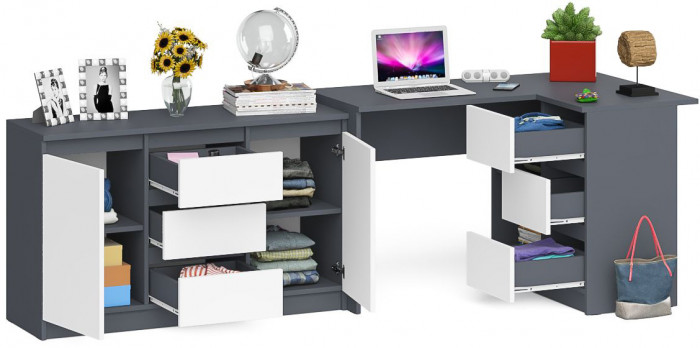 Мори Стол компьютерный МС-16 правый + Комод МК1200.3, цвет графит/белый, ШхГхВ 244,8х84,9х76,6 см., выдвижные ящики справа, НЕ универсальная сборка