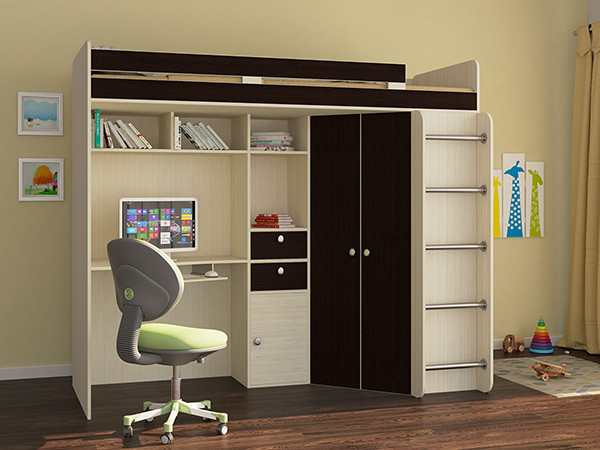 Кровать чердак Астра Дуб молочный/Венге