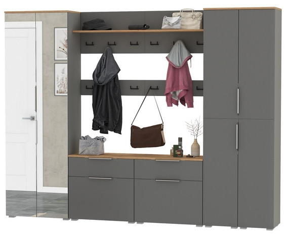 Октава Прихожая 37, цвет серый графит/дуб крафт золотой/фасады МДФ серый графит, ШхГхВ 258,6х35,4х197,6 см., универсальная сборка