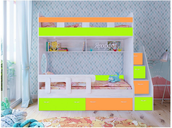 Двухъярусная кровать Юниор 1 + бортик Юниор (Винтерберг/Лайм / Оранжевый)