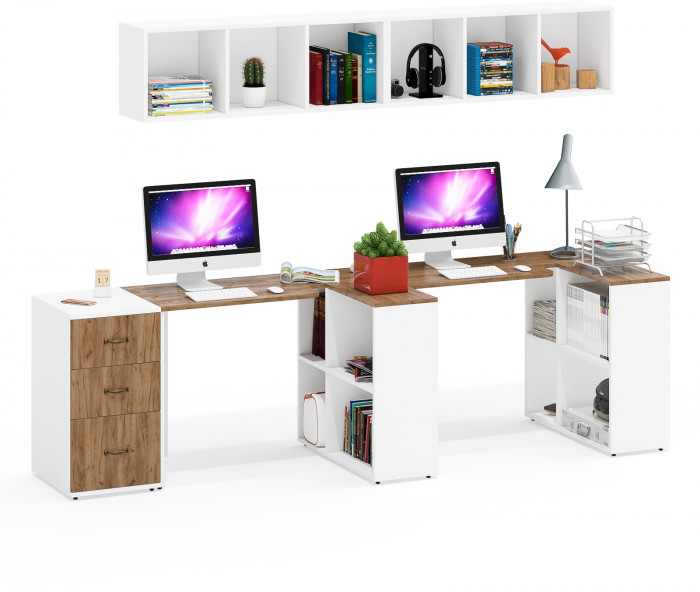 Лидер-8 Стол + Полка + Стол + Полка + Тумба МД 3.16, цвет белый шагрень/крафт золото, ШхГхВ 370х50/30х75/190 или 270х80/50х75/190 , НЕ универс. сборка