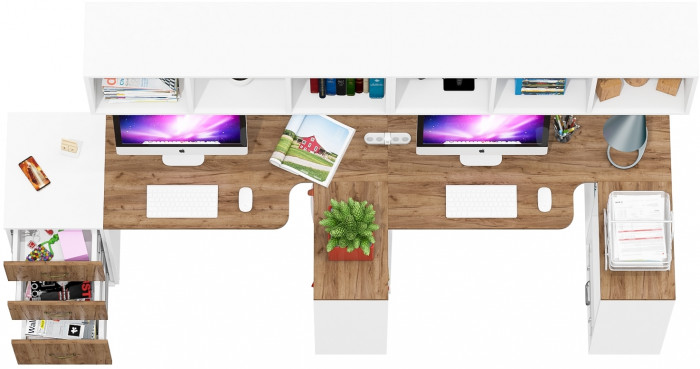 Лидер-8 Стол + Полка + Стол + Полка + Тумба МД 3.16, цвет белый шагрень/крафт золото, ШхГхВ 370х50/30х75/190 или 270х80/50х75/190 , НЕ универс. сборка