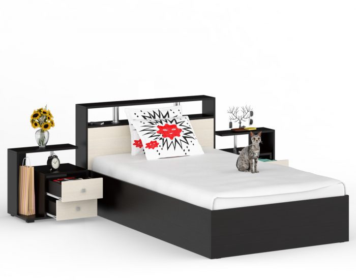 Камелия Кровать 1200 + две тумбы, цвет венге/дуб лоредо, ШхГхВ 236х217х78,2 см., сп.м. 1200х2000 мм., без матраса, основание есть