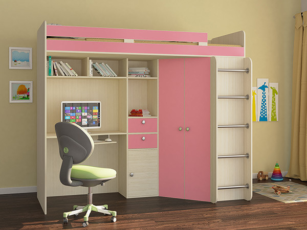 Кровать чердак Астра Дуб молочный/Розовый