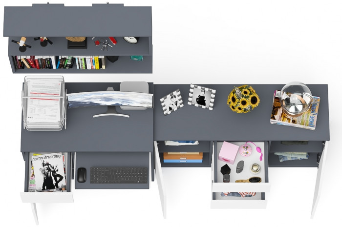 Мори Стол компьютерный МС-1 левый + Комод МК1200.3 + Полка 900, цвет графит/белый, ШхГхВ 210,4х50х209,6 см., НЕ универсальная сборка