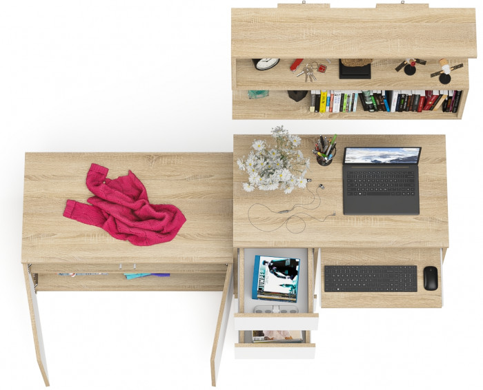 Мори Стол компьютерный МС-6 левый + Тумба МА900.1 + Полка 900, цвет дуб сонома/белый, ШхГхВ 180,4х50,4х209,6 см., НЕ универсальная сборка