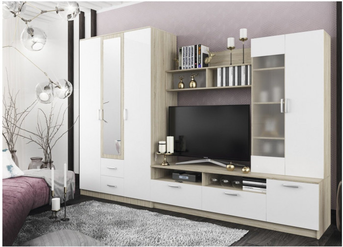 Модульная гостиная Софи, композиция 1, Белый глянец/Дуб Сонома