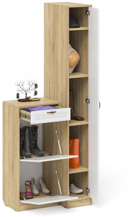 Прихожая П-6 Компоновка № 42, цвет дуб сонома/фасады МДФ белое дерево фрезеровка ромб, ШхГхВ 80х50х210 см., универсальная сборка