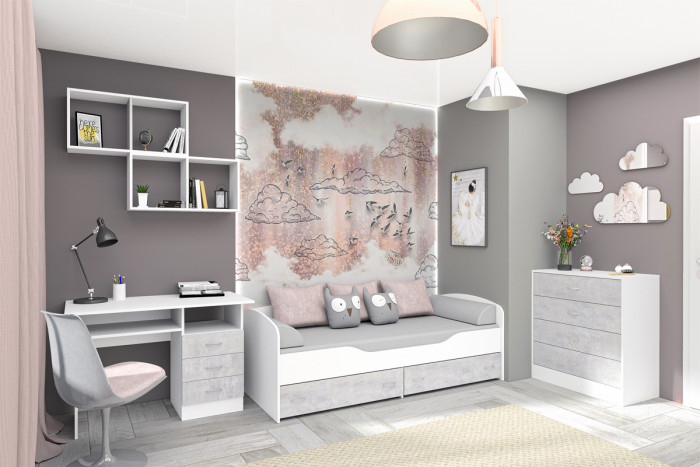 Детская комната Бриз ЛДСП, набор 4, Белый/Цемент светлый