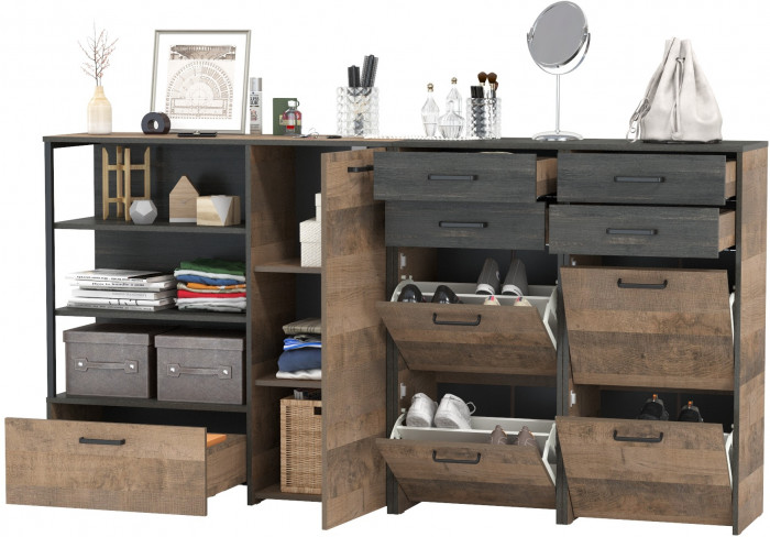 Трувор 13.241.06 Тумба для обуви + 13.307.01 Комод + 13.241.06 Тумба для обуви, цвет дуб гранж песочный/интра, ШхГхВ 209х37х106,9 см., универс. сборка