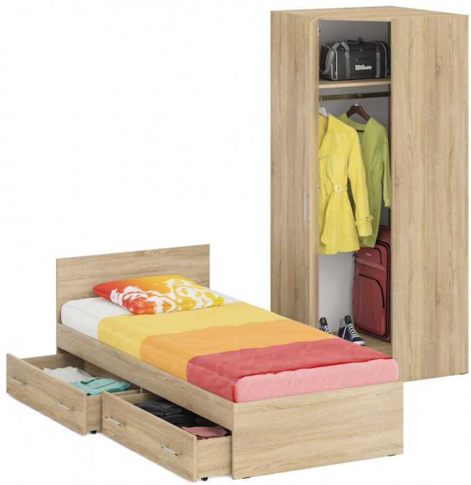 Кровать с ящиками 0900 + Шкаф угловой Стандарт, цвет дуб сонома, ШхГхВ 93,5х203,5х70 + 81,2х81,2х200 см., сп.м. 900х2000 мм., б/м, основание есть
