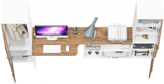 Лидер-8 Пенал МД 21Б + Стол + Пенал, цвет белый шагрень/крафт золото, ШхГхВ 245х50/37,5х75/190 или 155х120/50х75/190 см., НЕ универсальная сборка