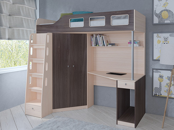 Кровать чердак Астра 7 Дуб молочный/Дуб Шамони