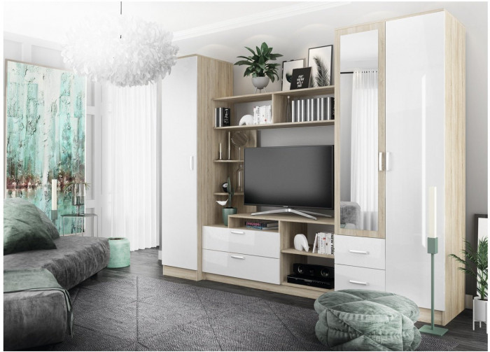 Модульная гостиная Софи, композиция 2, Белый глянец/Дуб Сонома
