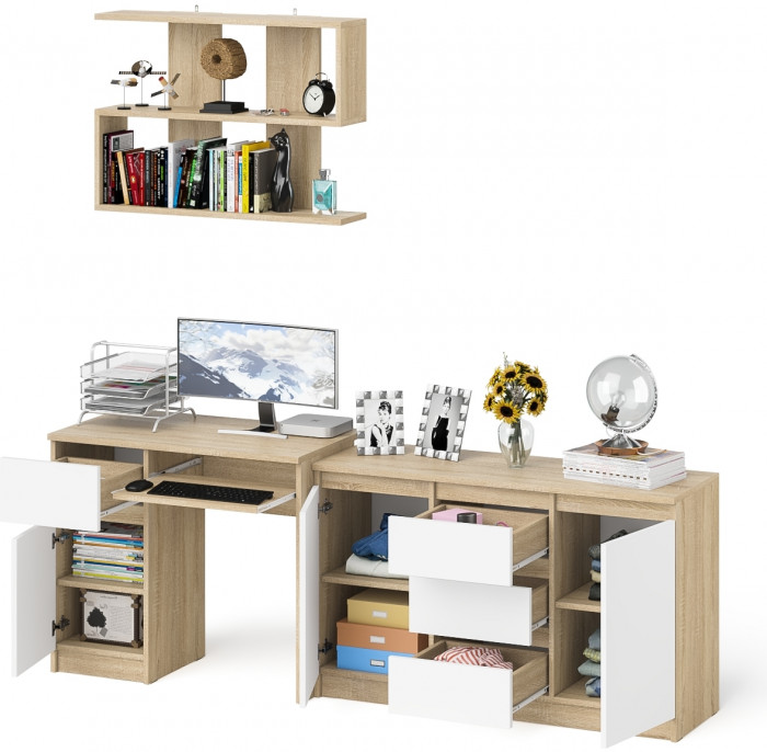 Мори Стол компьютерный МС-1 левый + Комод МК1200.3 + Полка 900, цвет дуб сонома/белый, ШхГхВ 210,4х50х209,6 см., НЕ универсальная сборка