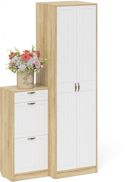 Прихожая П-6 Компоновка № 16, цвет дуб сонома/фасады МДФ белое дерево фрезеровка прованс, ШхГхВ 110х50х210 см., универсальная сборка