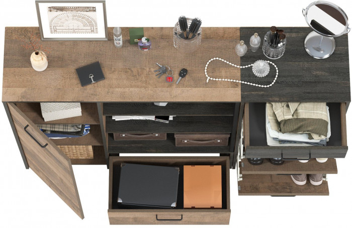 Трувор 13.241.06 Тумба для обуви + 13.307.01 Комод, цвет дуб гранж песочный/интра, ШхГхВ 159х37х106,9 см., универсальная сборка