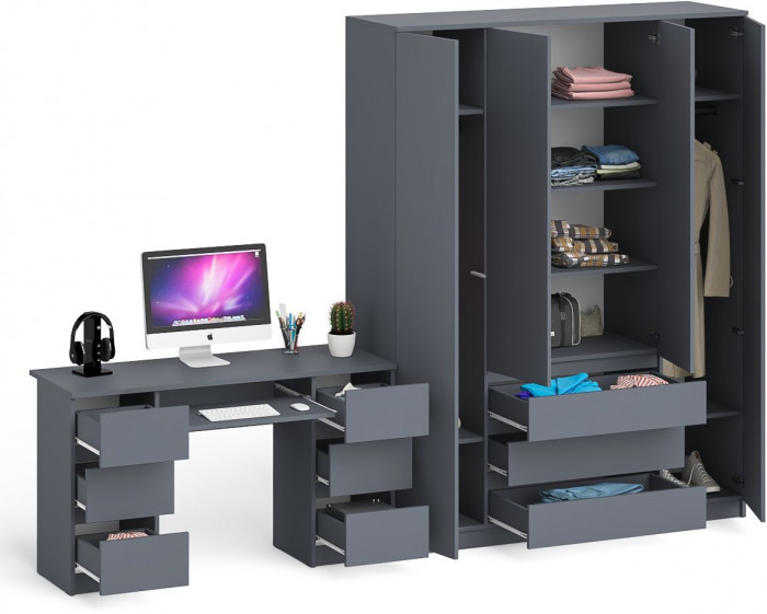 Мори Стол компьютерный МС-2 + Шкаф МШ1600.1, цвет графит, ШхГхВ 295,8х50,4х209,6 см., универсальная сборка