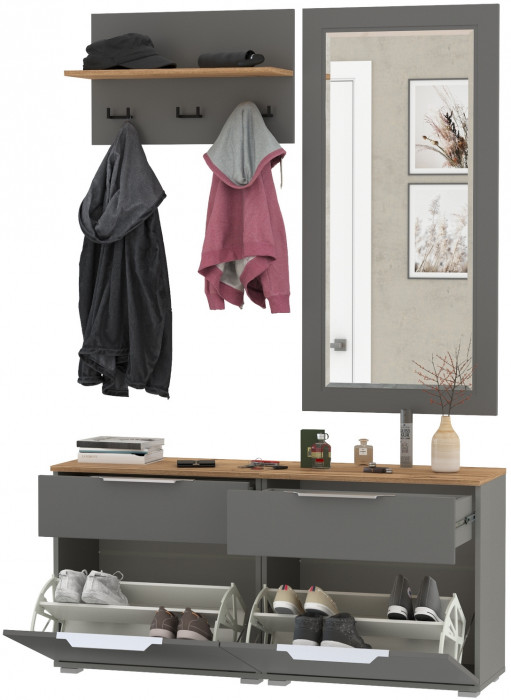 Октава Прихожая 39, цвет серый графит/дуб крафт золотой/фасады МДФ серый графит, ШхГхВ 129,8х35,4х197 см., универсальная сборка