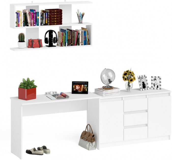Мори Стол письменный МСП1200.1 + Комод МК1200.3 + Полка 1200, цвет белый, ШхГхВ 240,8х50х209,6 см., универсальная сборка