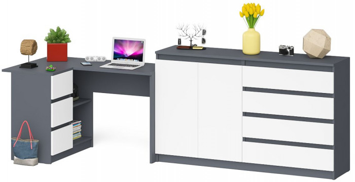 Мори Стол компьютерный МС-16 левый + Комод МК1600.1, цвет графит/белый, ШхГхВ 284,8х84,9х94 см., выдвижные ящики слева, НЕ универсальная сборка