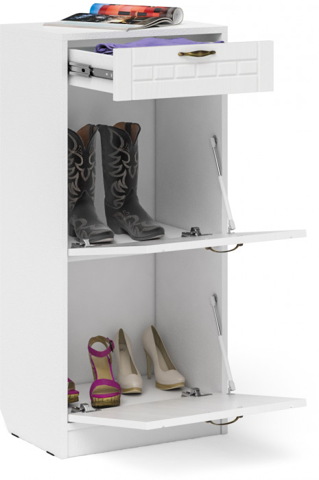 Прихожая П-6 Тумба для обуви 2 секции, цвет белая шагрень/фасады МДФ белое дерево фрезеровка прованс, ШхГхВ 50х35х108,3 см.