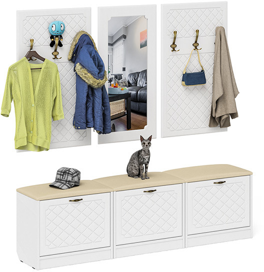 Прихожая П-6 Компоновка № 03, цвет белая шагрень/фасады МДФ белое дерево фрезеровка ромб, ШхГхВ 180х35х200 см., универсальная сборка