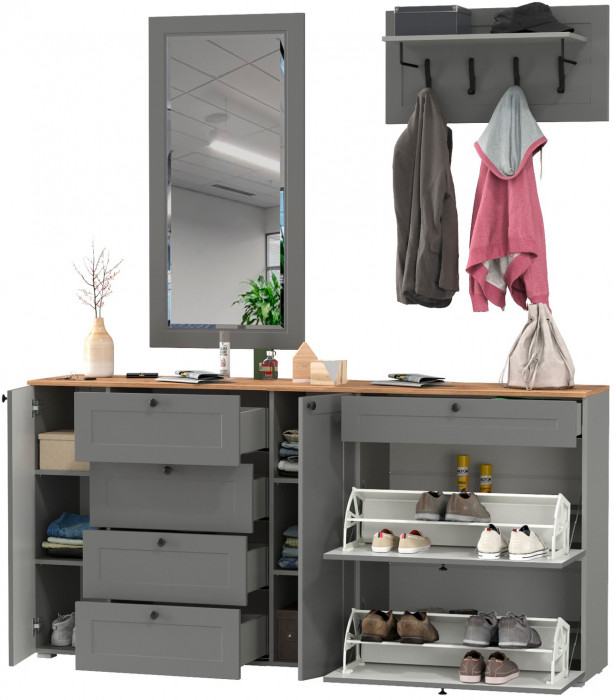 Остин Прихожая 56, цвет серый графит/дуб крафт золотой, ШхГхВ 200х54,3х210 см., универсальная сборка