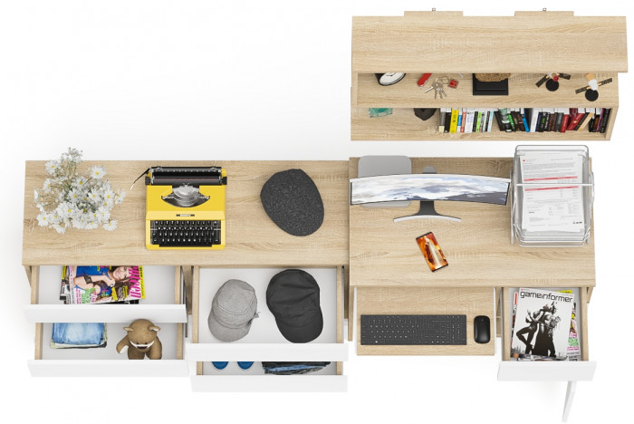 Мори Стол компьютерный МС-1 правый + Комод МК1200.6 + Полка 900, цвет дуб сонома/белый, ШхГхВ 210,4х50х209,6 см., НЕ универсальная сборка