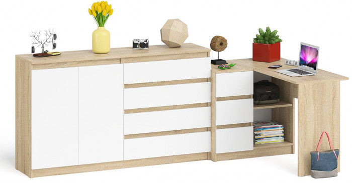 Мори Стол компьютерный МС-16 левый + Комод МК1600.1, цвет дуб сонома/белый, ШхГхВ 284,8х84,9х94 см., выдвижные ящики слев, НЕ универсальная сборкаа