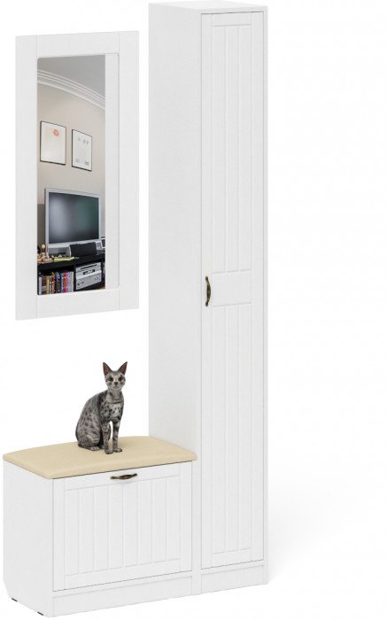 Прихожая П-6 Компоновка № 20, цвет белая шагрень/фасады МДФ белое дерево фрезеровка прованс, ШхГхВ 90х35х210 см., универсальная сборка