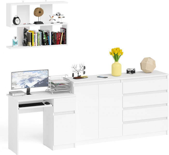 Мори Стол компьютерный МС-1 правый + Комод МК1600.1 + Полка 900, цвет белый, ШхГхВ 250,4х50х209,6 см., НЕ универсальная сборка