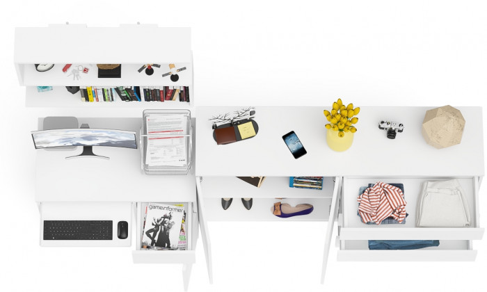 Мори Стол компьютерный МС-1 правый + Комод МК1600.1 + Полка 900, цвет белый, ШхГхВ 250,4х50х209,6 см., НЕ универсальная сборка