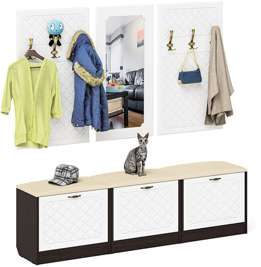 Прихожая П-6 Компоновка № 03, цвет венге/фасады МДФ белое дерево фрезеровка ромб, ШхГхВ 180х35х200 см., универсальная сборка