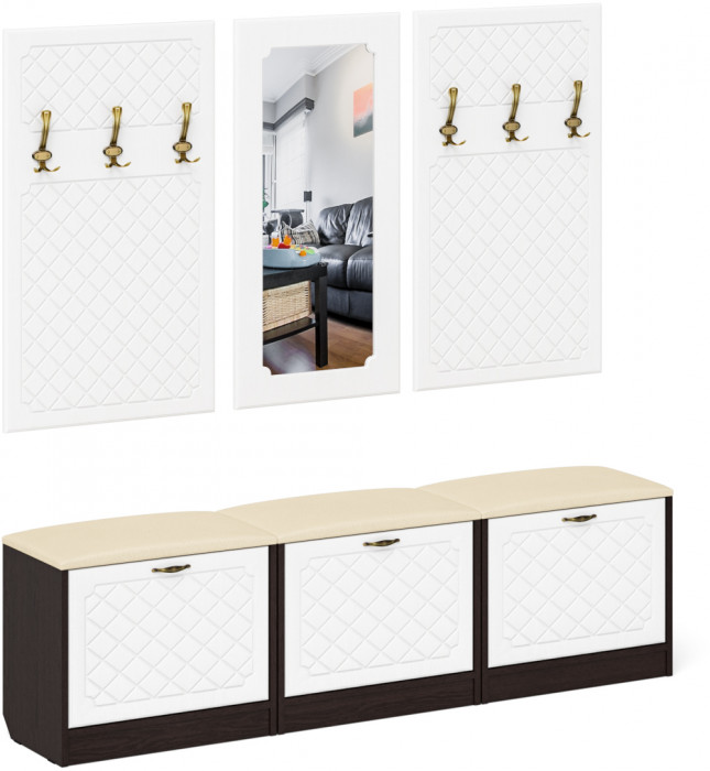 Прихожая П-6 Компоновка № 03, цвет венге/фасады МДФ белое дерево фрезеровка ромб, ШхГхВ 180х35х200 см., универсальная сборка