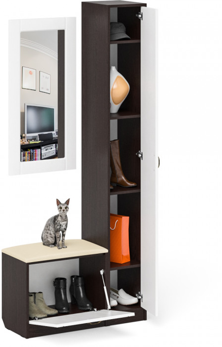 Прихожая П-6 Компоновка № 20, цвет венге/фасады МДФ белое дерево фрезеровка прованс, ШхГхВ 90х35х210 см., универсальная сборка